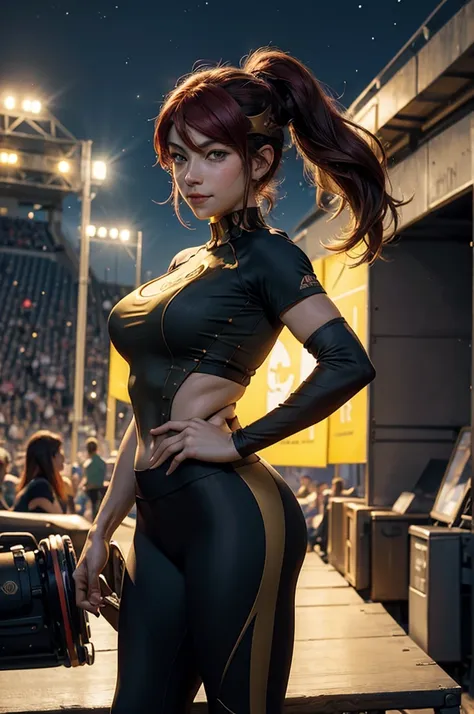 masterpiece, best quality, pyrrha nikos, ponytail, circlet, T-shirt, large breasts, yoga_pants, training shoes, looking at viewer, furrowed brow, smile, night, night sky, stars, standing in stadium, crowd