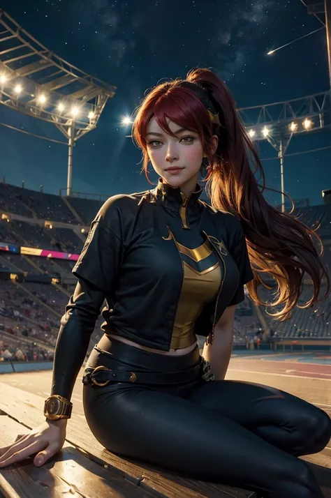 masterpiece, best quality, pyrrha nikos, ponytail, circlet, T-shirt, large breasts, yoga_pants, looking at viewer, furrowed brow, smile, night, night sky, stars, sitting in stadium, crowd