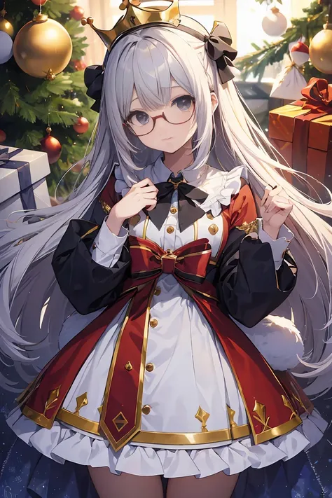 "menina anime, 1 pessoa, cabelos loiros brilhantes, glasses, crown on her head, camisa de papai noel, terno de papai noel, terno de inverno, roupa de inverno, vestido vermelho, seios grandes, Meias, standingn, pernas cruzadas, perspectiva do personagem, ne...