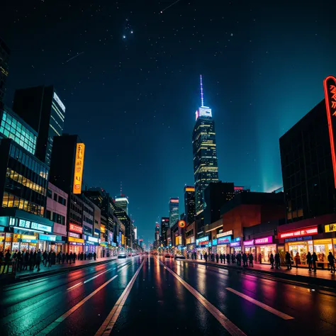 (best quality,highres,ultra-detailed),city night view,neon lights,glittering skyscrapers,reflective surfaces,shimmering streets,vibrant colors,atmospheric,late-night,metropolis,nightlife,urban landscape,dynamic energy,modern architecture,hustle and bustle,...