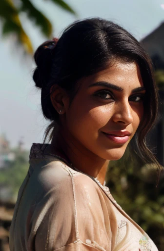 Portrait of A confident-looking Indian woman with a bun of long and thick hair tied behind and covered with flowers, hazel eyes, dirty and wet seethrough clothes, a smile on the face, a lusty look, lying on muddy road in a village, d-cup breast, perfect co...