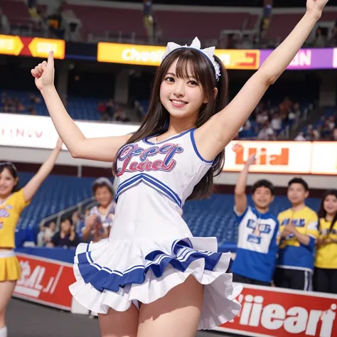 （hight resolution、ultra-detailliert、Raw photo）、A detailed eye、Detailed mouth、A big smile、age 30s、Cheergirl Costume、cheering、Detailed Limbs、Healthy thighs