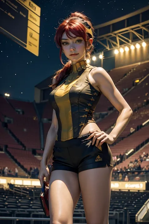 masterpiece, best quality, pyrrha nikos, ponytail, circlet, T-shirt, large breasts, yoga_shorts, shorts, looking at viewer, furrowed brow, smile, night, night sky, stars, standing in stadium, crowd