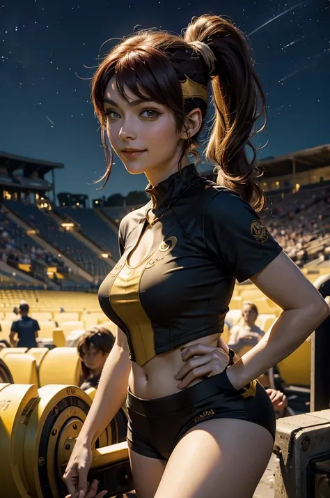 masterpiece, best quality, pyrrha nikos, ponytail, circlet, T-shirt, large breasts, yoga_shorts, shorts, looking at viewer, furrowed brow, smile, night, night sky, stars, standing in stadium, crowd