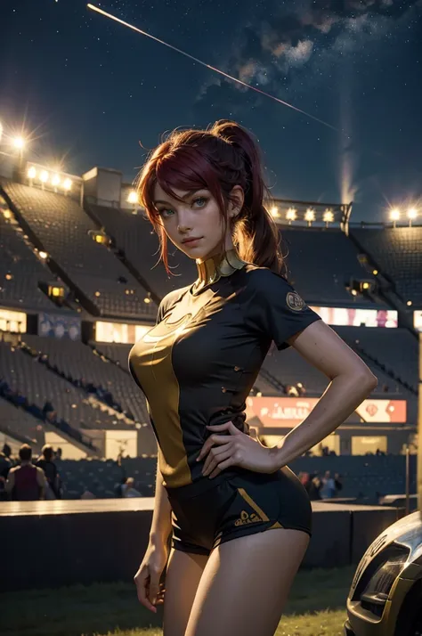 masterpiece, best quality, pyrrha nikos, ponytail, circlet, T-shirt, large breasts, yoga_shorts, shorts, looking at viewer, furrowed brow, smile, night, night sky, stars, standing in stadium, crowd