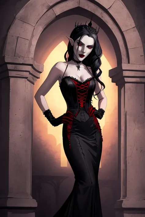 Arafed-Frau in einem schwarzen Kleid, die vor einem Steinbogen steht, Beautiful vampire female queen, Eine elegante Gothic-Prinzessin, beautiful female vampire, Ein Gothic-Kleid tragen, beautiful vampire queen, Vampir-Mode, Beautiful elegant demon queen, B...