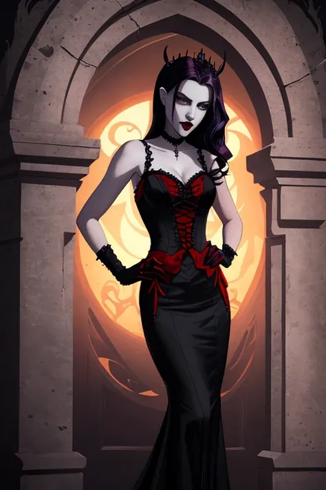 Arafed-Frau in einem schwarzen Kleid, die vor einem Steinbogen steht, Beautiful vampire female queen, Eine elegante Gothic-Prinzessin, beautiful female vampire, Ein Gothic-Kleid tragen, beautiful vampire queen, Vampir-Mode, Beautiful elegant demon queen, B...