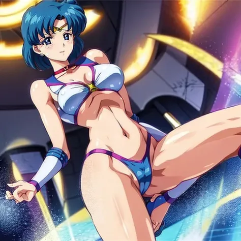 1 woman, Sailor Mercury, big breasted, wearing a Tyris Flare attire, sexy bikini, sexy body, dancing seductively, shaking her hips to the sides, alluring moves, smiling joyfully, looking at the viewer with desire