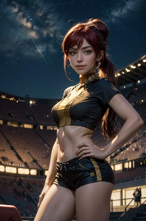 masterpiece, best quality, pyrrha nikos, ponytail, circlet, T-shirt, large breasts, yoga_shorts, shorts, looking at viewer, furrowed brow, smile, night, night sky, stars, standing in stadium, crowd