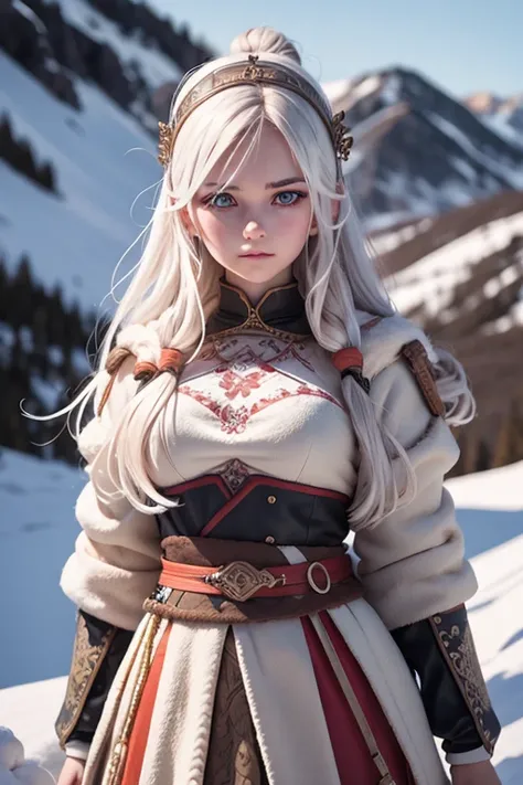 [full length portrait] [18-23 Years Old nordic female fashion model] [dressed like a viking Warriors style] [Bored expression on face][Photo taken in a mountainous and snowy landscape] [type of illumination: natural lighting], extremely realistic, 8k, insa...