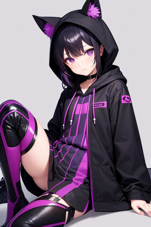 Loli, Black and purple hood, black hair, purple eyes