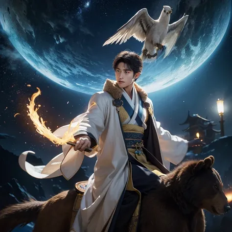 Travel from Summoner to Beast Controller，A young man rides a bear，Wear magic robes，A young man rides a big bird，wearing a hanfu，Magic Array