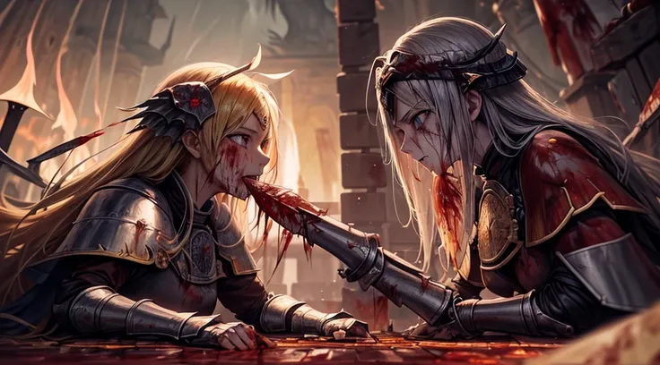 masterpiece,best quality,ultra detailed,(1 Fallen Female Knight),upper body shot,The fire sword,blonde hair,long hair,blue eye,straight hair,(ThunderStorm:1,5),darksouls,(fire:1.4),(Rainy:0.9),((blood dripping from mouth:1.2)),(((profuse bleeding:1.6))),ca...