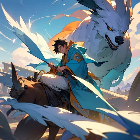 Travel from Summoner to Beast Controller，A young man rides a bear，Wear magic robes，A young man rides a big bird，wearing a hanfu，Magic Array