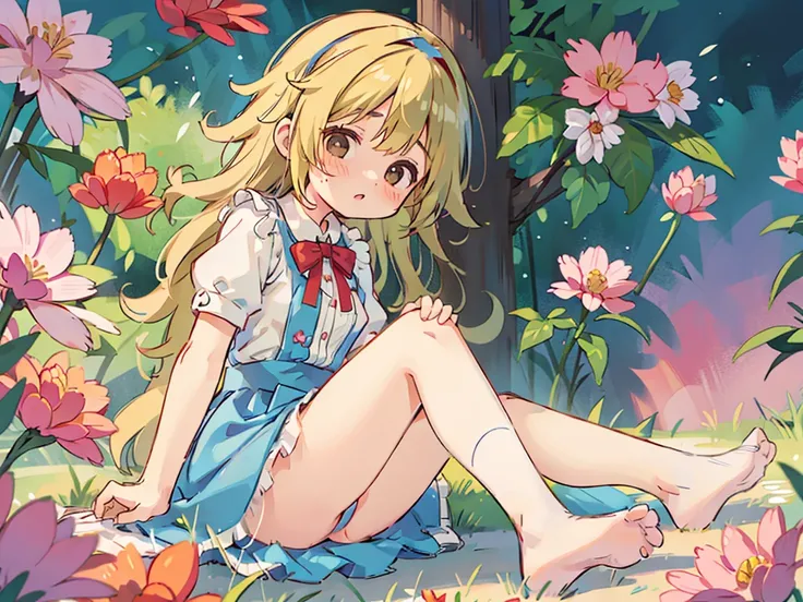 A 12-year-old girl with a cute Alice in Wonderland blonde wavy headband.、Sitting naked、She spreads her legs wide and shows her butt., anus,  and small nipples.。I do not wear underwear。Pose seen from below。are small。Pose that shows your anus。 and anus are s...