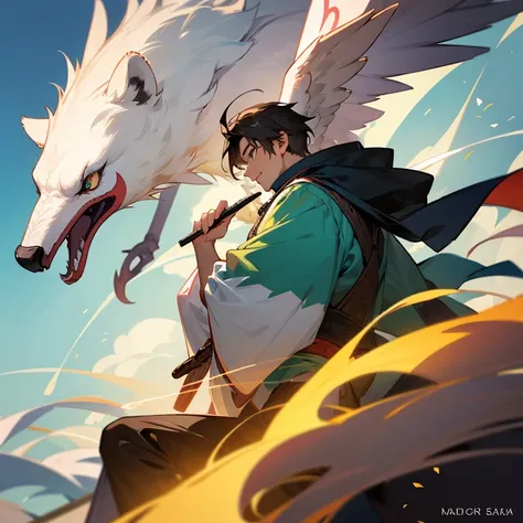 The title of traveling from summoner to beastmaster，A young man rides a bear，Wear magic robes，A young man rides a big bird，wearing a hanfu，Magic Array，Plus the pen name of the linear tree