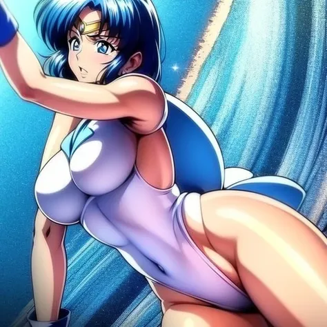 1 woman, Sailor Mercury, big breasted, wearing a Mai Shiranui attire, sexy Japanese clothes, sexy attire, alluring body, pantyshot, sexy training, stretching her body, working out, beach environment