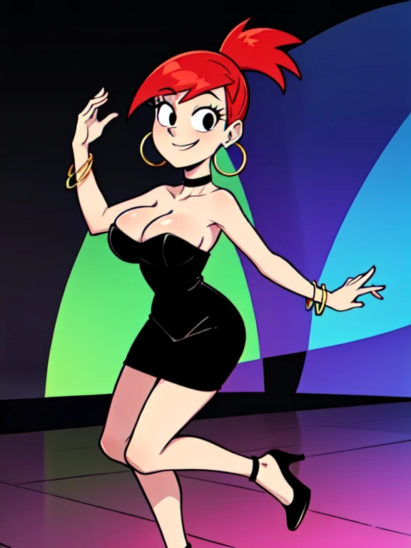 FostersStyle, Frankie Foster, solo, 1 girl, black eyes, black dress, bare shoulders, jewelry, ponytail, bracelet, strapless, hoop earrings, black choker, high heels, abstract background, looking at viewer, smile, big breasts, nightclubs, dance floor, looki...