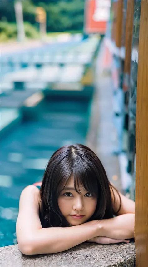 top-quality、​masterpiece、8K、life-like、Cute 20s girl（A dark-haired、poneyTail、rather large breasts）、Lying by the pool、、A smile、Cute School Swimsuit、Gravure photography、