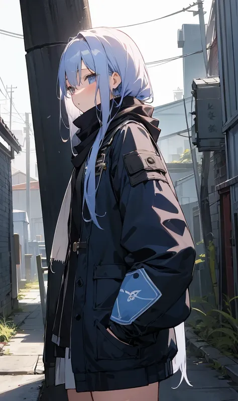 ​masterpiece、top-quality、女の子1人、pale hair、Twin-tailed、kawaii、scarf、Exposed dark blue futuristic combat uniform、outside of house、Street、casual,Ruins