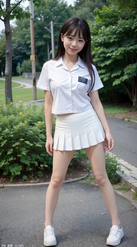 1 solo girl (8k UHD Raw fotography, Top  Quality, Masterpiece:1.45) (Raw foto:1.2), (Photorealcitic) Realistic full body smiling girl in school uniform showing white panties, Functionality of raising the skirt to reveal panties, show white panties, Flip th...