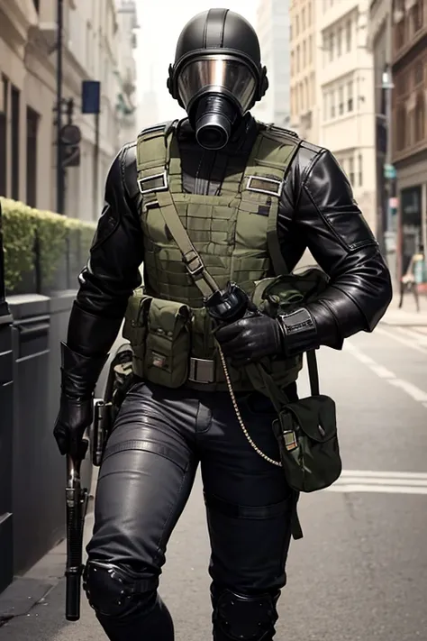 Muscular, Man, Black Military Helmet, Black military gas mask, black military uniform, black military armor, black military jeans, black military boots