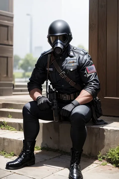 Muscular, Man, Black Military Helmet, Black military gas mask, black military uniform, black military armor, black military jeans, black military boots