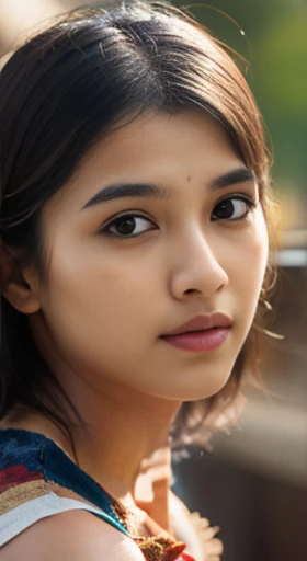 young Indian girl, 18-year-old, red top, gentle lighting, intricate facial details, flawless complexion, top-notch 3D rendering, hyper-realistic, shot on Indian road. photorealistic digital art trending on Artstation 8k HD high definition detailed realisti...