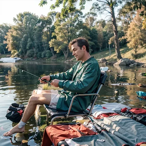 The side of the fishing man Fishing on a folding chair, holding a fishing rod. sitting on the lakeside in the sunlight