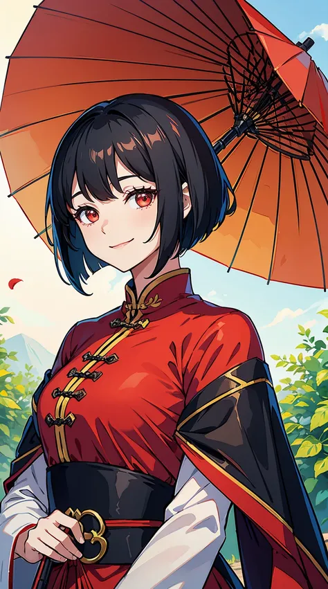 Red chinese dress, 1girl, solo, black hair, short hair, upper body, smile, parasol, mature female,