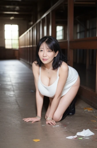 Slums、Abandoned school about to collapse、Inside a dark and dirty classroom with trash scattered around、kidnapping、Confined、full bodyesbian、日本人A MILF, (Solo), 50 years old,Long Black Hair、(Wrinkles at the corners of the eyes:1.2), Large breasts, skinny thig...