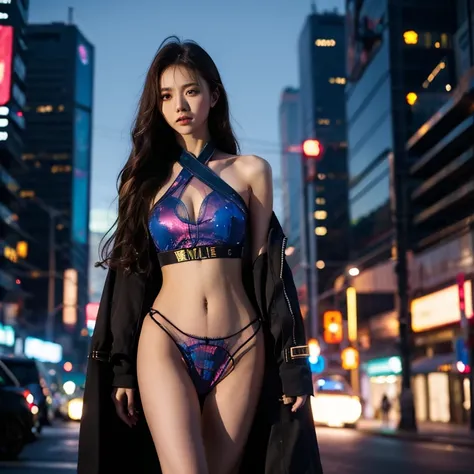 Cyberpunk city setting，femele，，，luminous pattern clothes，realskin