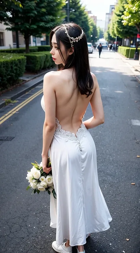 virgin, Tall, Backless wedding dress, Show your shoulders., Long black hair, Golden Hair, light, eyes looking ahead, outdoor, Hands behind her back., Sexy, show beauty, white canvas shoes, tassels,