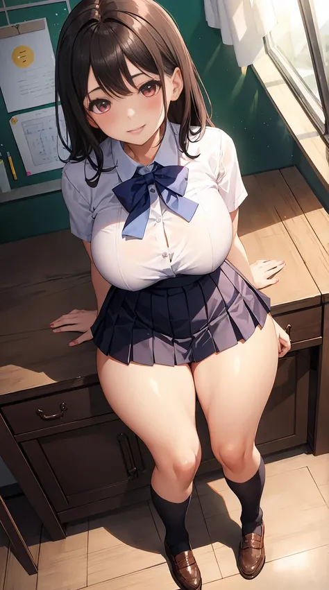 1girl in, Parted lips, blush, makeup, lightsmile, School uniform, Full body, Wide Angle, From  above, crass room, llight rays, Glow, thighs thighs thighs thighs, 鎖骨, Narrow waist, (masutepiece), Wallpaper,Dark hair color、Colossal tits