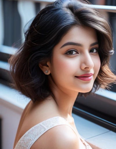 desi Indian girl (25 years), chubby face charming hair natural skin, good figure, ((highly detailed face and skin texture, 8k, ultrarealistic))), ((Masterpiece: 1.3, best quality, sharp focight face, short hairs, on the balcony of a flat top floor, new yor...