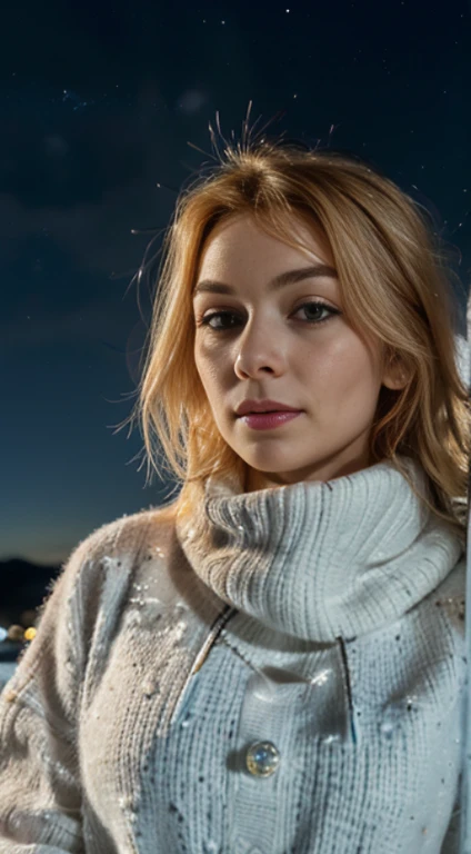 RAW uhd ganzkörperaufnahme 24 years blonde normalaufnahme, cheveux blonds roux, ice Castles, wavy, in front of a igloo, snowy in antartica, starry night sky, ,Mamas Natutai, La toile de fond de la nuit de la ville,clothes made out of finest wool, detailded...