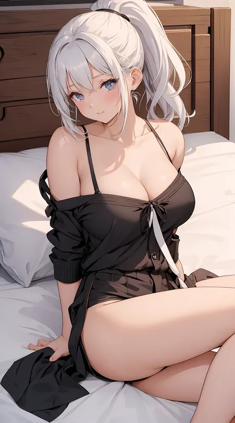 1girl in, Ponytail hair, Angelic Pose, medium sized tits out, tits out, Less clothes, the detailed images, buttocks of medium size,, Short pants, Tall Girl, White hair, Pretty girl, wearing a Less clothes, Detailed skin, Oiled skin, laying down on the bed,...