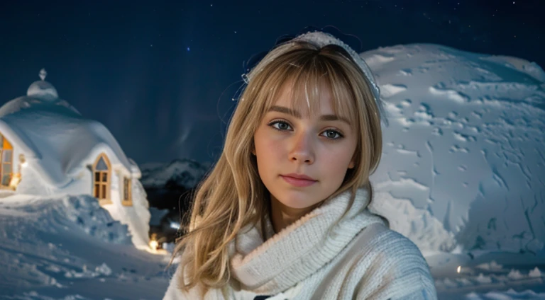 RAW uhd ganzkörperaufnahme 24 years blonde normalaufnahme, cheveux blonds roux, ice Castles, wavy, in front of a igloo, snowy in antartica, starry night sky, ,Mamas Natutai, La toile de fond de la nuit de la ville,clothes made out of finest wool, detailded...