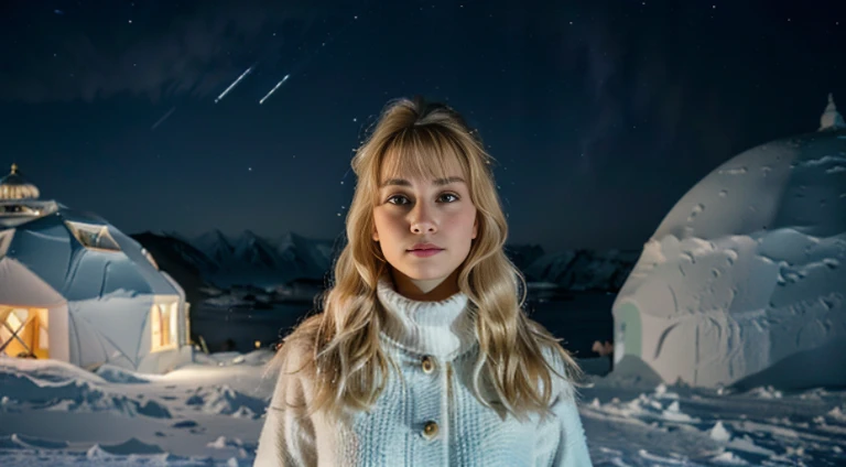 RAW uhd ganzkörperaufnahme 24 years blonde normalaufnahme, cheveux blonds roux, ice Castles, wavy, in front of a igloo, snowy in antartica, starry night sky, ,Mamas Natutai, La toile de fond de la nuit de la ville,clothes made out of finest wool, detailded...