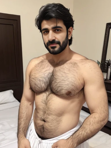 Lebanese man, ugly, short messy black hair with white strands, facial hair, lazy, 50 years old, large nose, body view, innocent face , bedroom, round stomach  thick hairy body, strapless dress, earrings