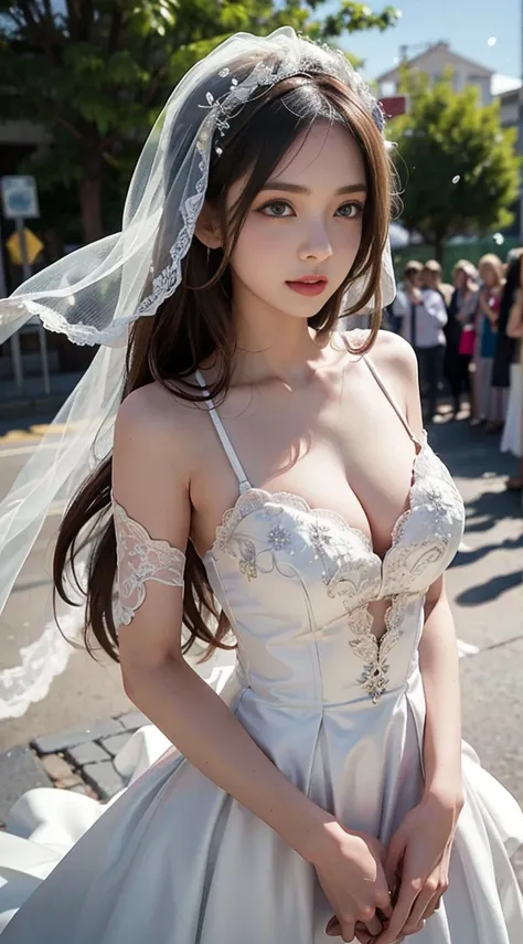 1 girl, Suess, Glare from the sun, Wedding Dresses, thin,  Lace pattern, bridal veil, bokeh, deep depth of field, blurred background, light particle, high wind, Head tilt, long-haired, enormous breasts, Open shoulders