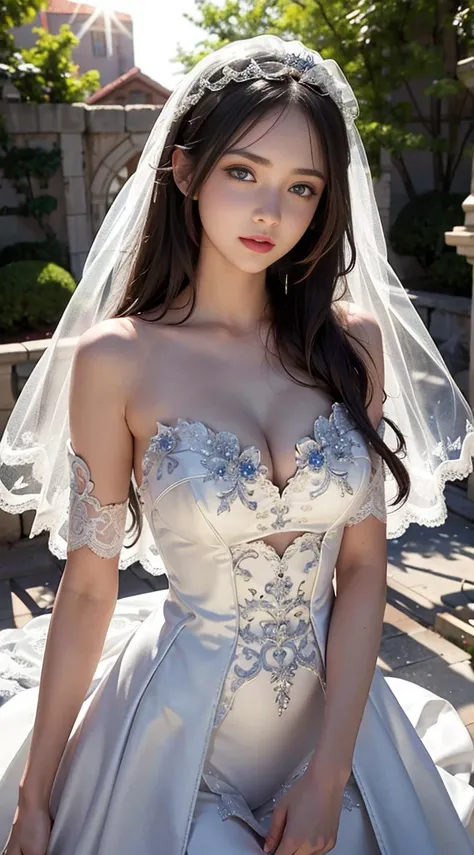 1 girl, Suess, Glare from the sun, Wedding Dresses, thin,  Lace pattern, bridal veil, bokeh, deep depth of field, blurred background, light particle, high wind, Head tilt, long-haired, enormous breasts, Open shoulders