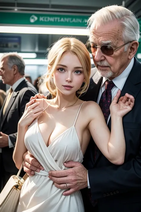 Beautiful pale German blonde young woman and man in subway crowded with old men, old man grabbing woman&#39;s waist from behind