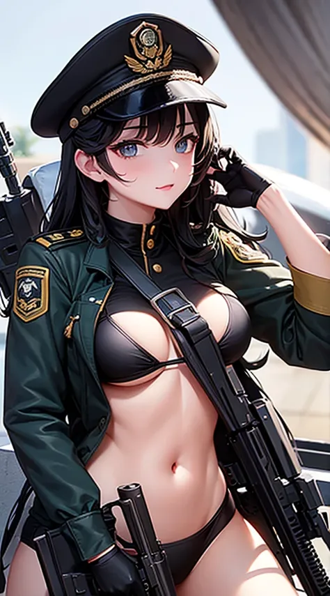 Military Uniform, Long Curly Black Hair, Breast, Military Cap, Bikini, Gun