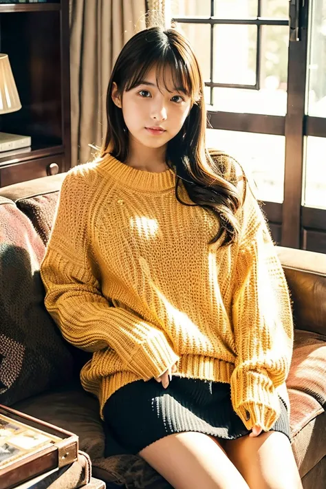 Beautiful girl wearing a mall sweater、Wool skirt、14years、japanes、livingroom、