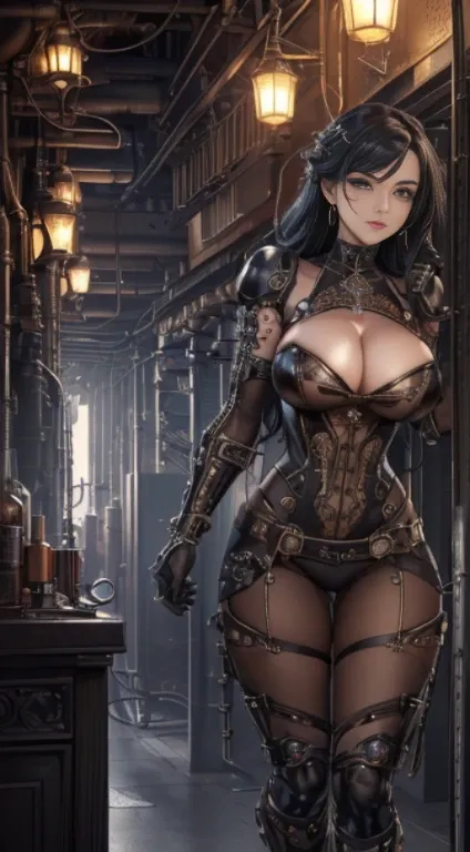 Beautiful young biomechanics steampunk fight cyborg woman realistic film shallow focus scene, Mais sobre seu steampunk de corpo inteiro、It is in fluid motion in an arid place with stunning cloudscapes and sunsets、hydraulic cylinder、metro、Pipes、LED lamp、vac...