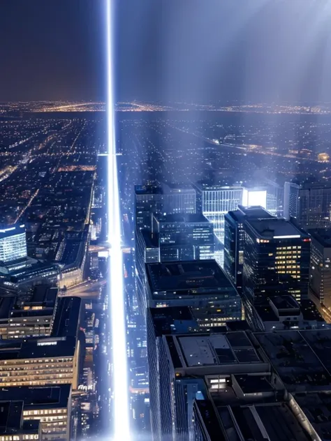 Rays of light from the sky fall on the roof of a building.  A blue light is happening as ❝ 2024 ❞.  The quiet road is dry.