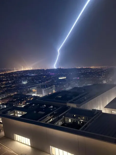 Rays of light from the sky fall on the roof of a building.  A blue light is happening as ❝ 2024 ❞.  The quiet road is dry.