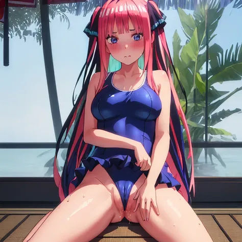 (best quality, ultra-detailed), 1 girl, blue swimsuit, Japanese schoolgirl swimsuit, one-piece swimsuit, nudity, ample love juice, vulva, spread legs, pink hair, crotch grab