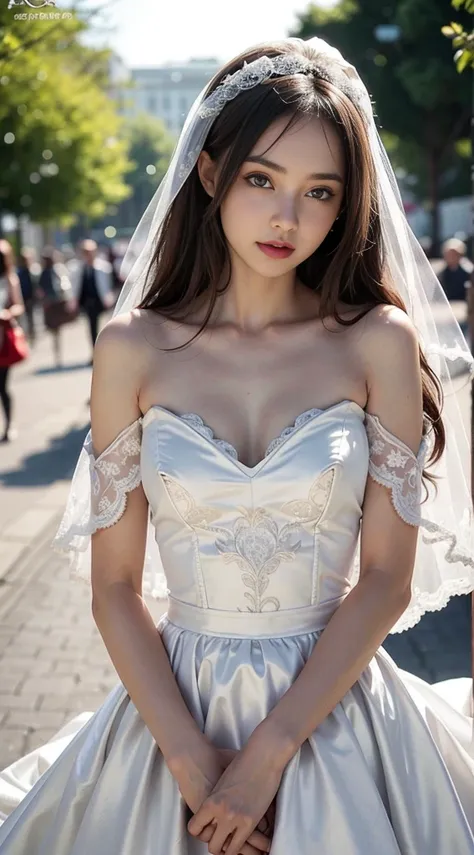 1 girl, Fair-skinned, Suess, Glare from the sun, Wedding Dresses, thin,  Lace pattern, bridal veil, bokeh, deep depth of field, blurred background, light particle, high wind, Head tilt, long-haired, enormous breasts, big name, Open shoulders, See all over,...